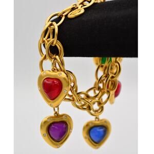 Givenchy Vintage Cabochon Heart Charm Bracelet Brushed Gold Signed 1980s Bin6